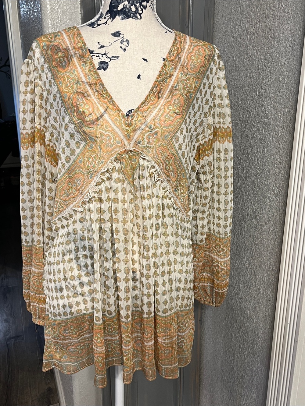 Rose & Olive Sheer Paisley V-Neck Boho Blouse in Cream and Gold-Orange